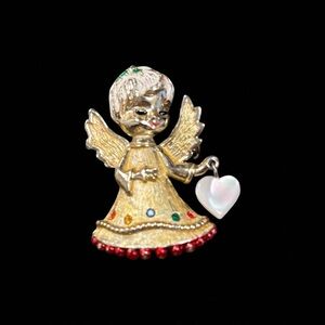 Vintage Beatrix Christmas Angel Pin Brooch Multicolored Gems Gold tone Metal